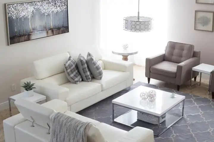 Living room with sofas, coffee table and wall art