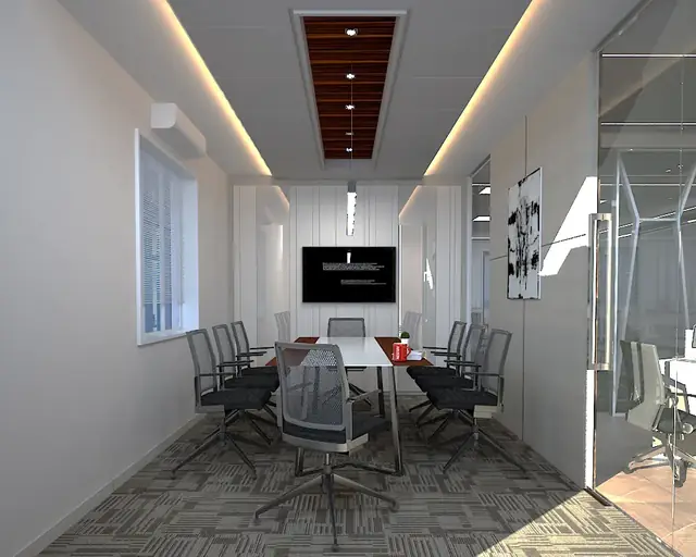 Conference room with long table, timber ceiling strip and cove lighting