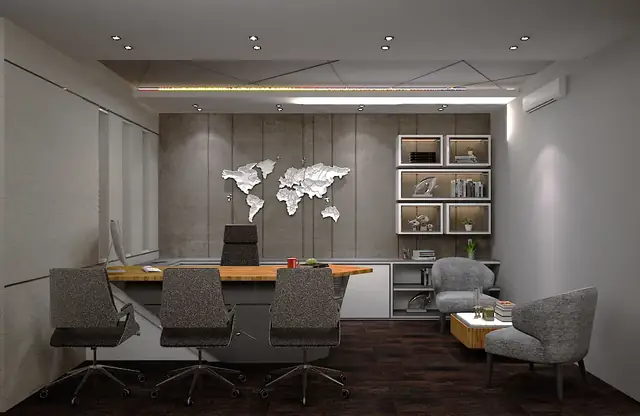 Director's cabin with world map wall feature, wooden desk and lounge chairs