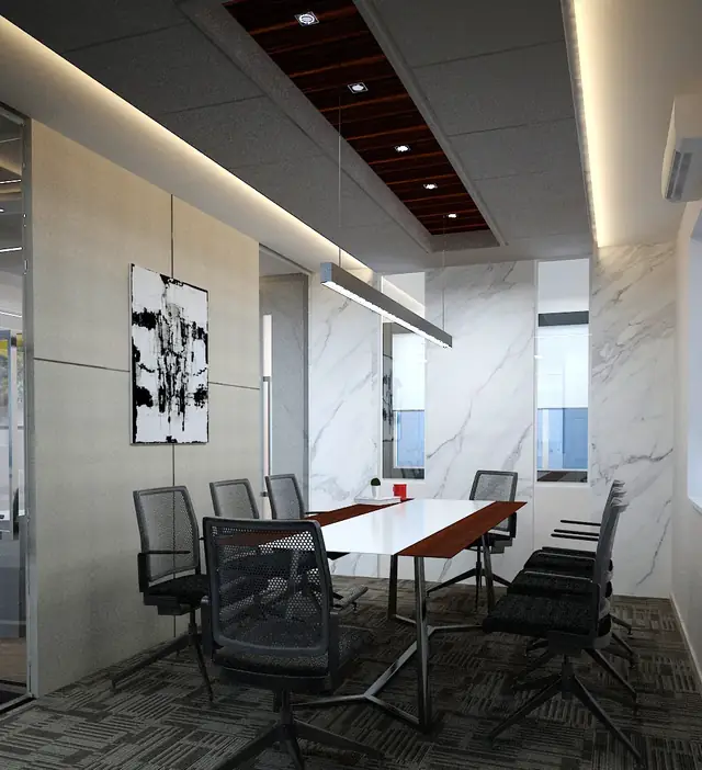 Meeting room with marble-finish wall panel and timber ceiling feature