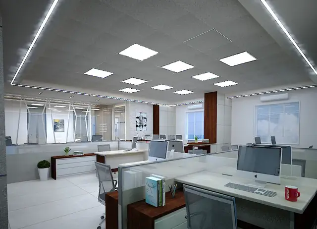 Open office with workstations, panel lights and walnut accent columns